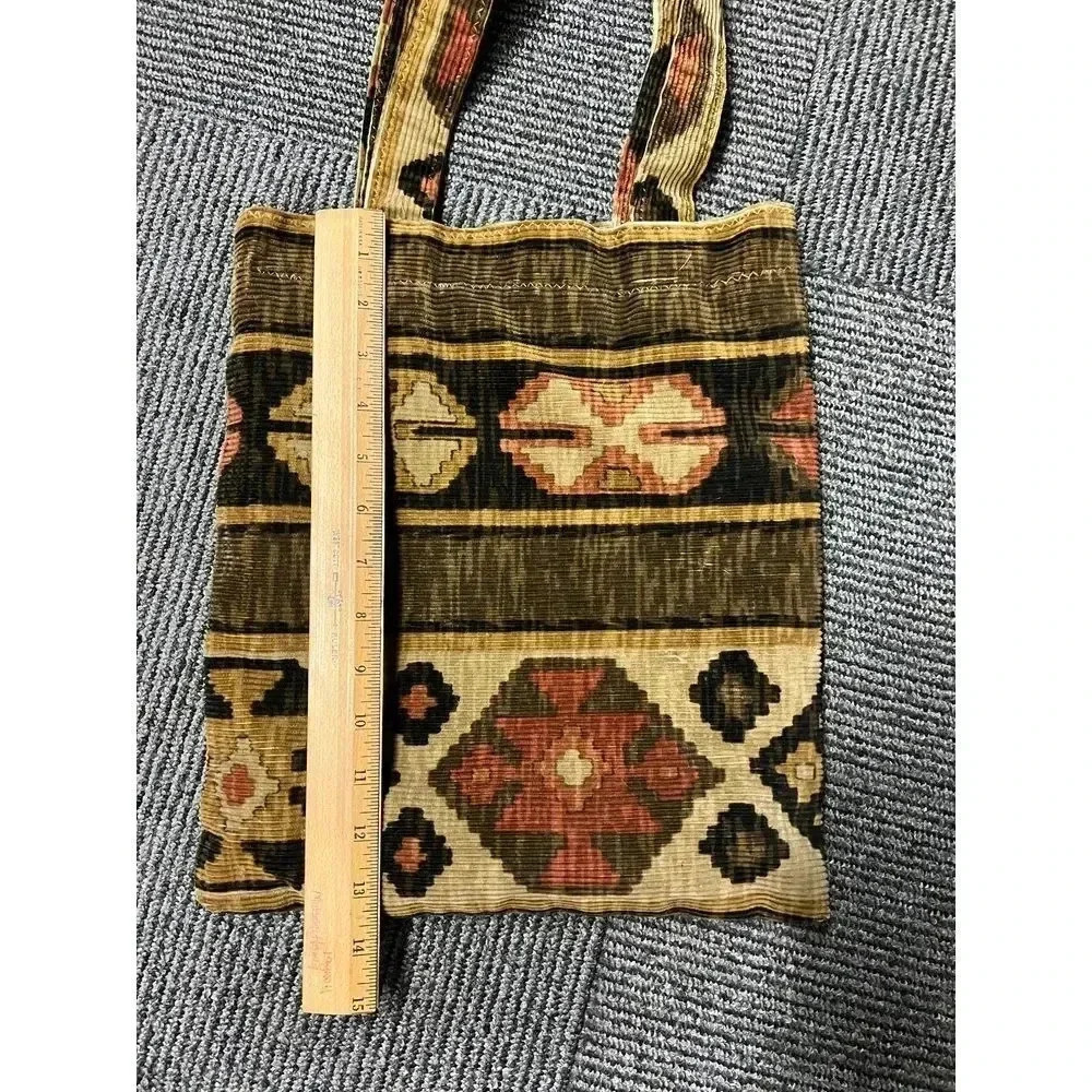 Vintage Ethnic Boho Corduroy Bag with Geometric Pattern in Brown  and Rust Color - Picture 2 of 6